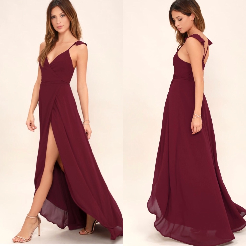 Lulus Here’s To Us Burgundy High-Low Wrap Dress